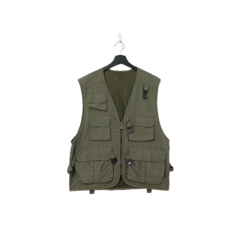 Back to Green-经典钓鱼背心 浅墨绿色 网格 v-27/vintage vest - 女装背心 - 聚酯纤维 