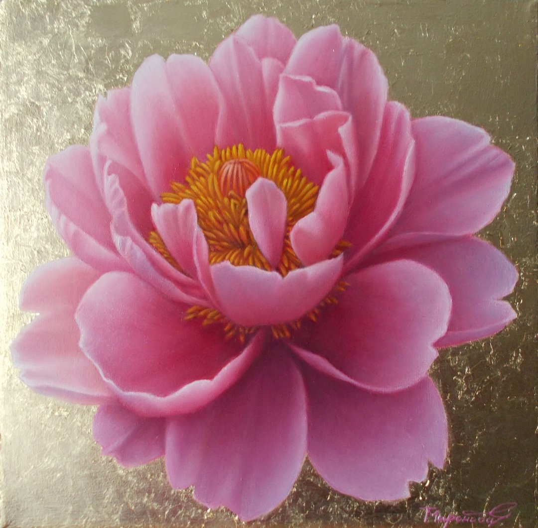 写实粉红牡丹花油画金叶背景植物墙艺术女性礼物 - 插画/绘画/写字 - 其他材质 多色