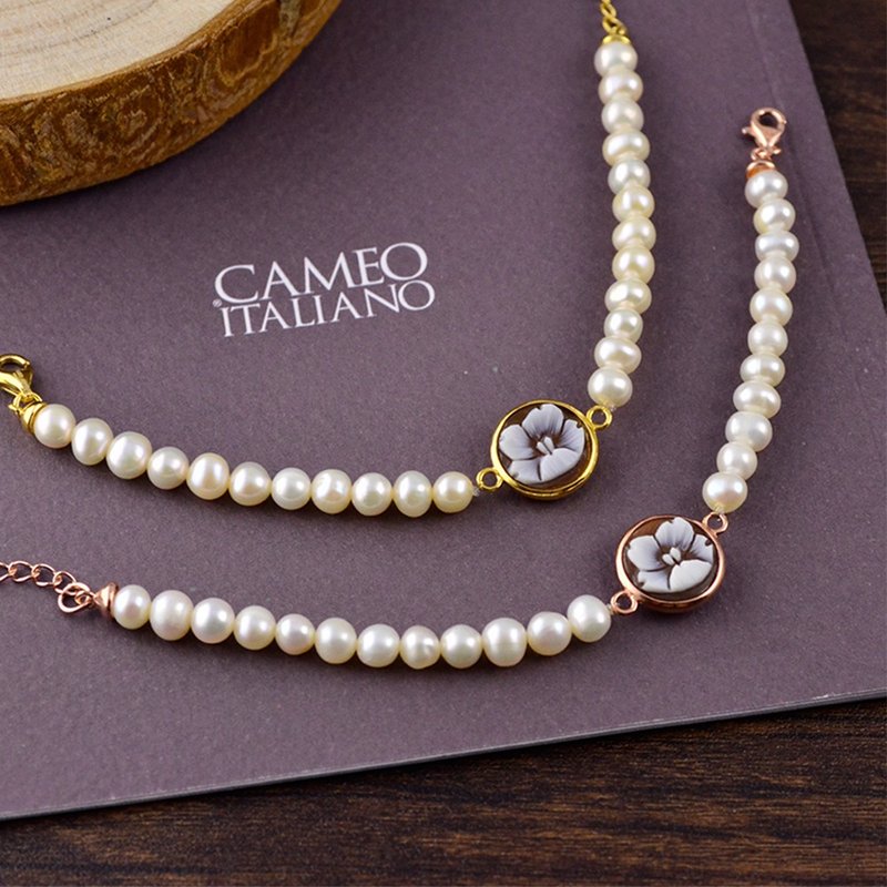 CAMEO 意大利手工贝雕轻珠宝-珍珠贝雕手链-B3P 玫瑰金/金(花卉) - 手链/手环 - 纯银 金色
