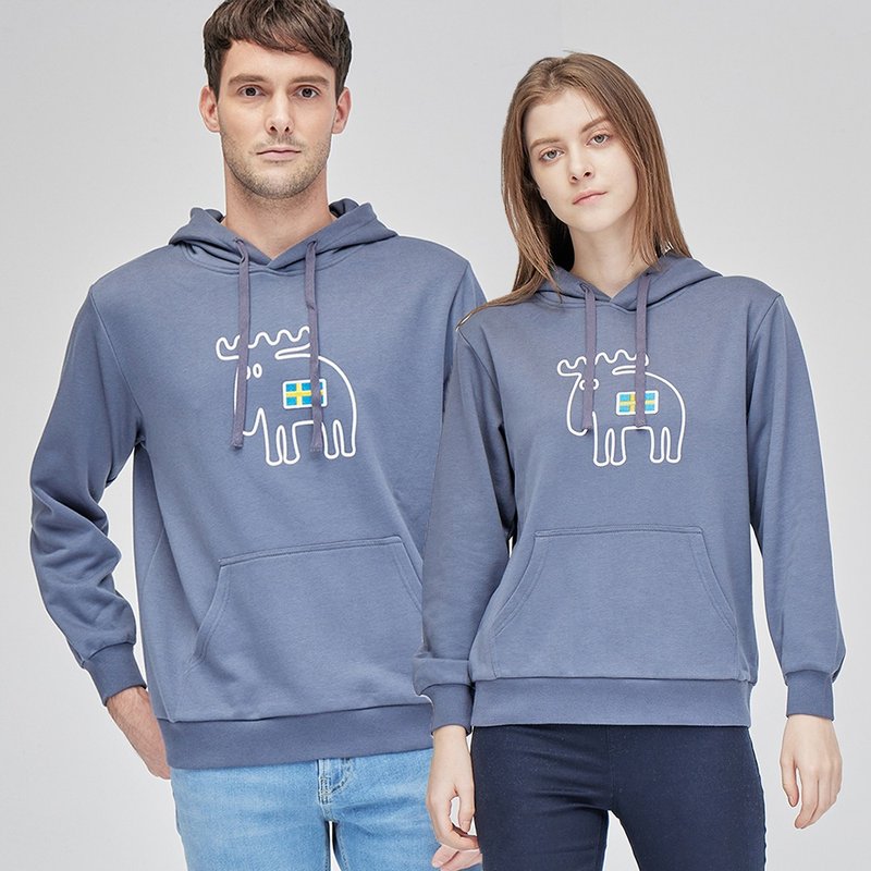 moz瑞典国旗刺绣线条驼鹿帽T-雾灰蓝(亚洲版)男女共款 - 中性连帽卫衣/T 恤 - 棉．麻 蓝色