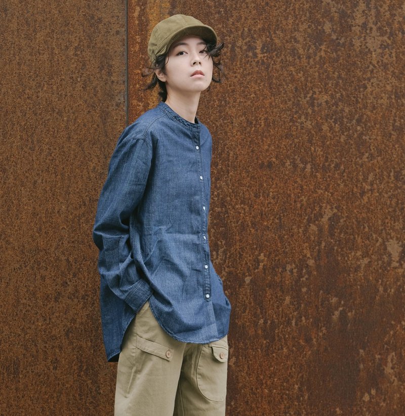 窄身牛仔衬衫小圆领 - 2色-深丹宁 - 女装衬衫 - 棉．麻 蓝色