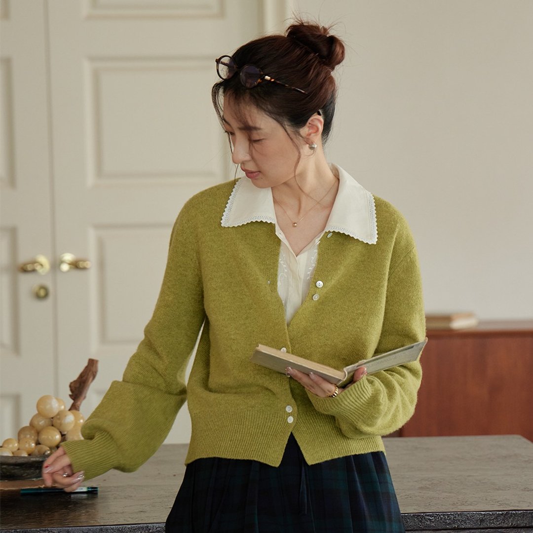 圆领泡泡袖针织开衫|针织衫|两色|秋款|Sora-1608 - 女装针织衫/毛衣 - 羊毛 多色