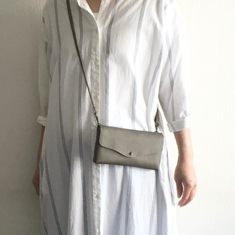 牛皮缩纹革与牛皮绒面革简约长夹斜背包【摩卡色】 - 皮夹/钱包 - 真皮 卡其色