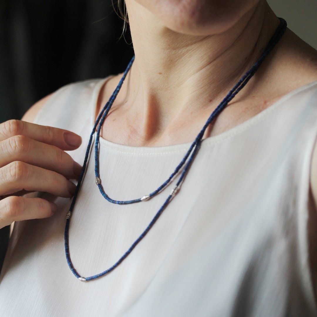 Lapis Lazuli beads and silver wrap beads two-tiered necklace (N0008) - 项链 - 石头 蓝色