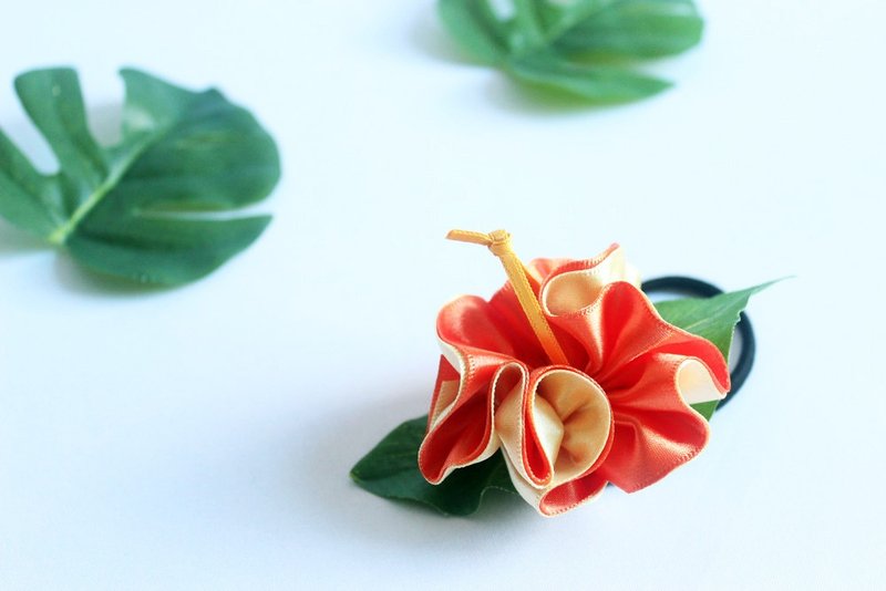 3ways hibiscus accessory,Ponytail Holder(oy),hair bow, - 发饰 - 棉．麻 橘色