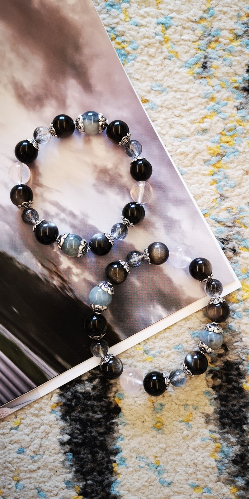黑曜石三重奏C-夜之声-BD-164-315~黑曜石.蓝兔毛.黑钛晶.粉晶 - 手链/手环 - 半宝石 