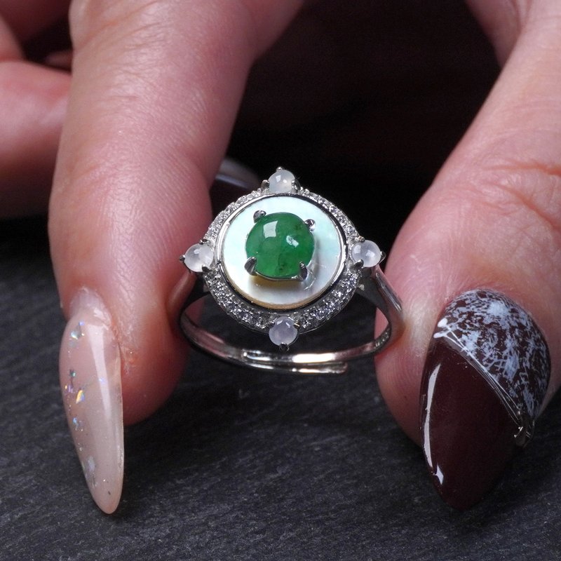 冰种绿翡翠蛋面戒指 925纯银 | 天然缅甸玉翡翠A货 | 送礼 - 戒指 - 玉石 绿色