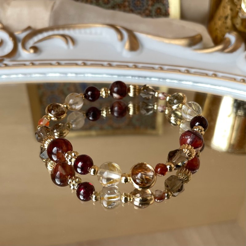 /美拉德/招财 开运 正偏财 红胶花 金发晶 茶水晶 黑金超 石榴石 - 手链/手环 - 水晶 红色