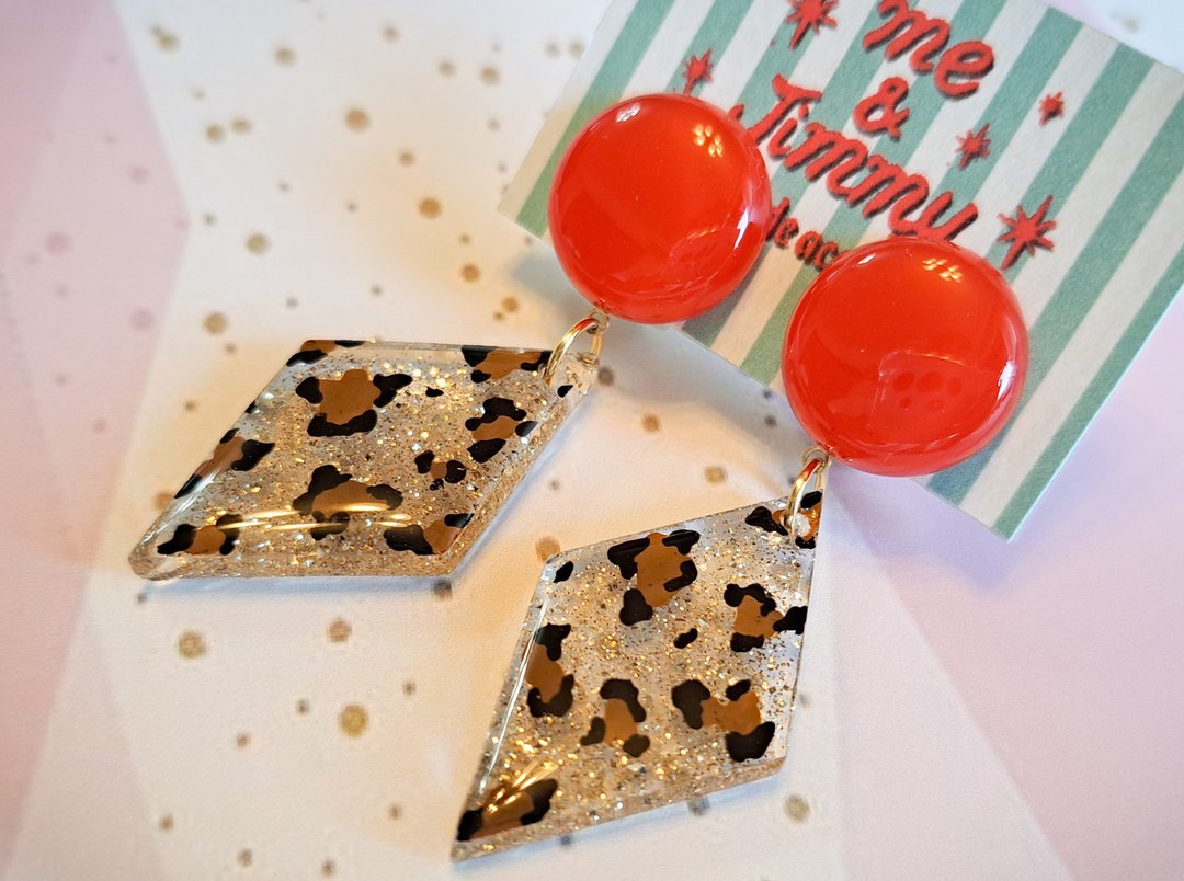 Leopard Diamond Earrings/ Clip-On[Red] Leopard Print Earrings Leopard Print Clip-On - 耳环/耳夹 - 树脂 红色