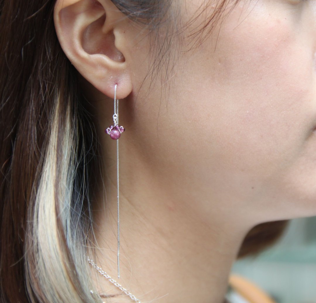红碧茜加石榴石小珠,喵星人粉肉球 925 纯银 耳线 Cat paw shape Tourmaline and garnet  925 silver earline - 耳环/耳夹 - 宝石 红色
