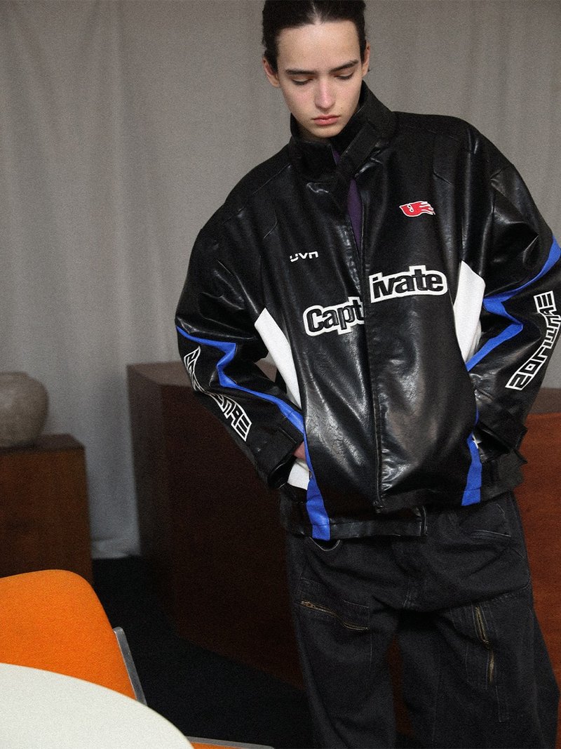 UNVESNO 雾都穿行字母3D刺绣皮衣机车PU皮秋冬夹克外套 CT-2136 - 男装外套 - 其他材质 黑色