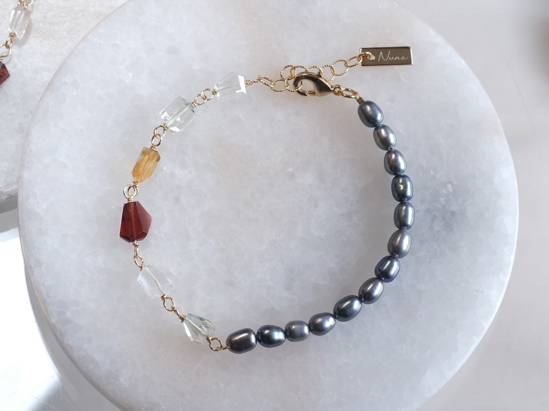 Opal bracelet 天然石蛋白石手链 淡水靛蓝珍珠 烟晶 苔藓玛瑙 - 手链/手环 - 宝石 多色