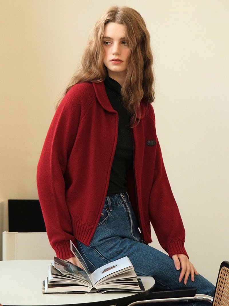 Mintcheese法式少女节日感气质巴黎红皮拉链皮标装饰翻领针织开衫 - 女装针织衫/毛衣 - 羊毛 红色