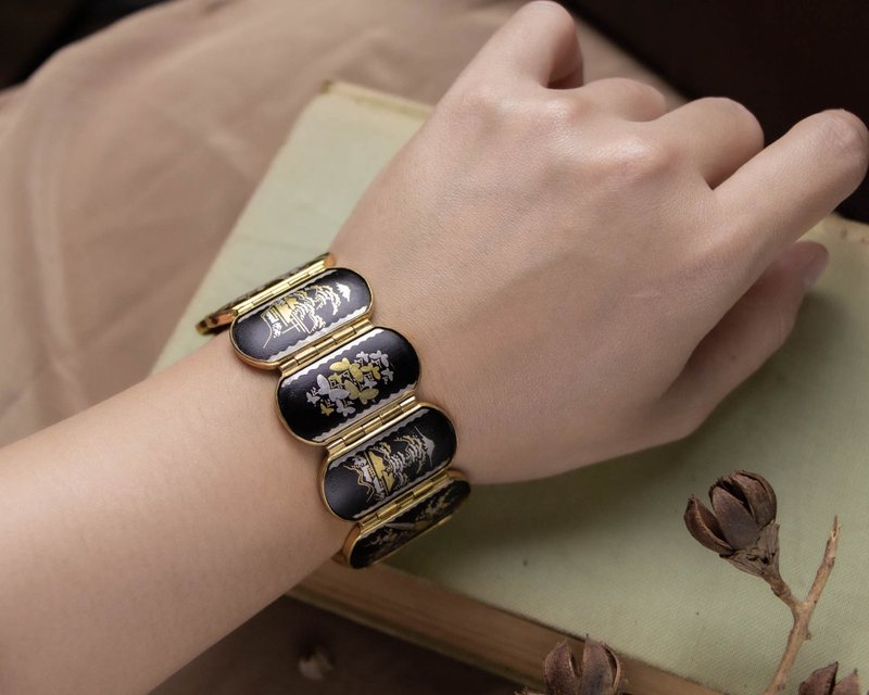 日本Amita古董象嵌 24K金/纯银镶嵌工艺 多样日式图腾 长板块手链 - 手链/手环 - 24k 金 黑色