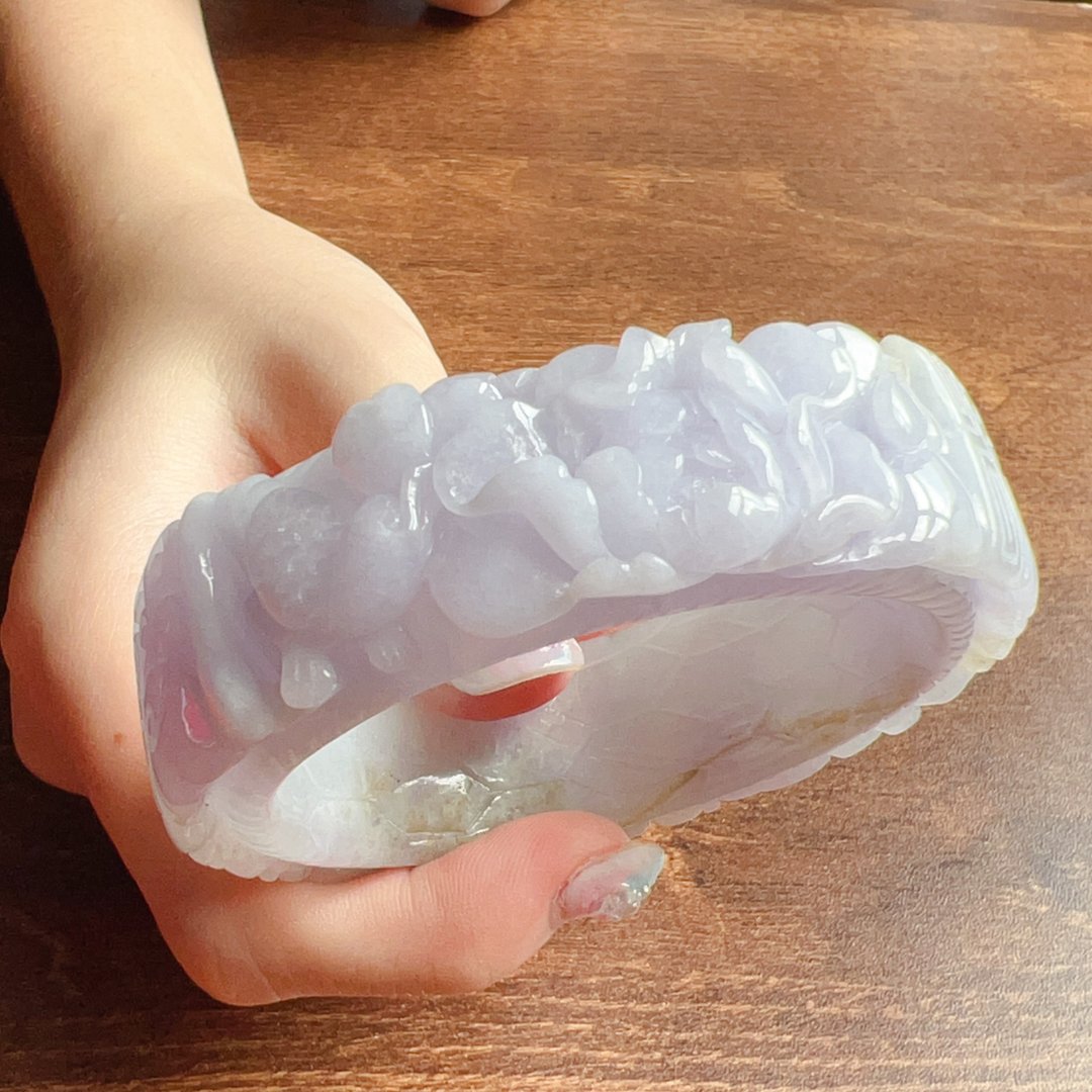 紫罗兰翡翠雕花手镯 | 18围 | 天然缅甸玉翡翠A货 | 送礼 - 手链/手环 - 玉石 紫色