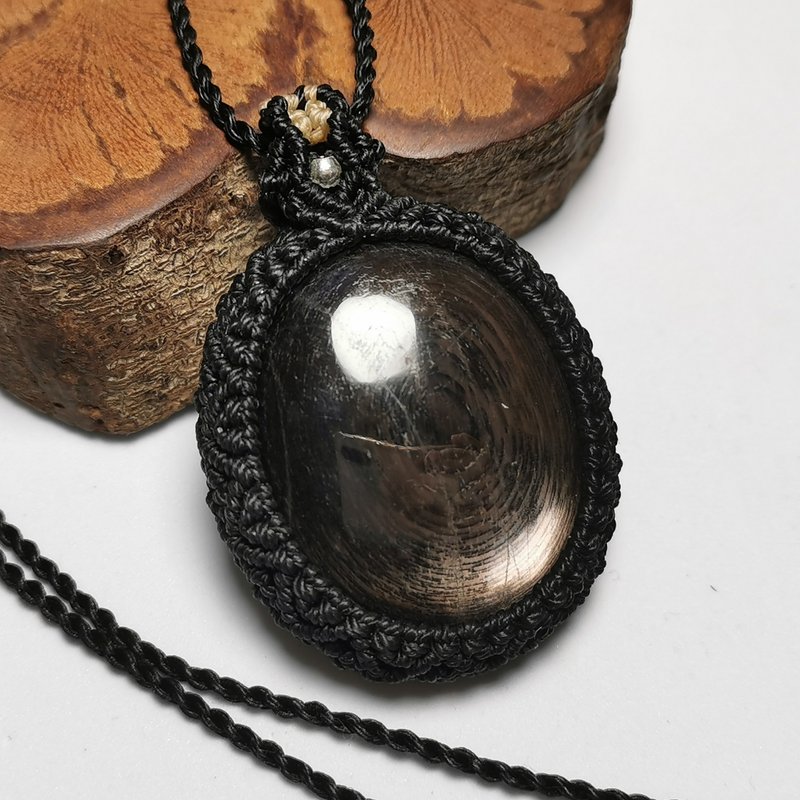 紫苏辉石/黑银线石-蜡线编织系列/项链可调整长度/扎实编织 - 项链 - 半宝石 黑色