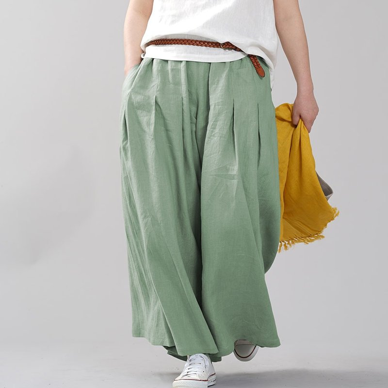 wafu - 純亞麻寬褲 Lightweight Linen Wide-leg HAKAMA pants / Sage b002k-snz1 - 女装长裤 - 亚麻 绿色