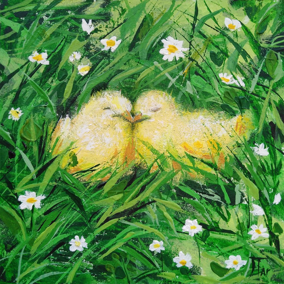 原创绘画可爱的黄色鸡草雏菊花墙壁艺术装饰 - 墙贴/壁贴 - 其他材质 绿色