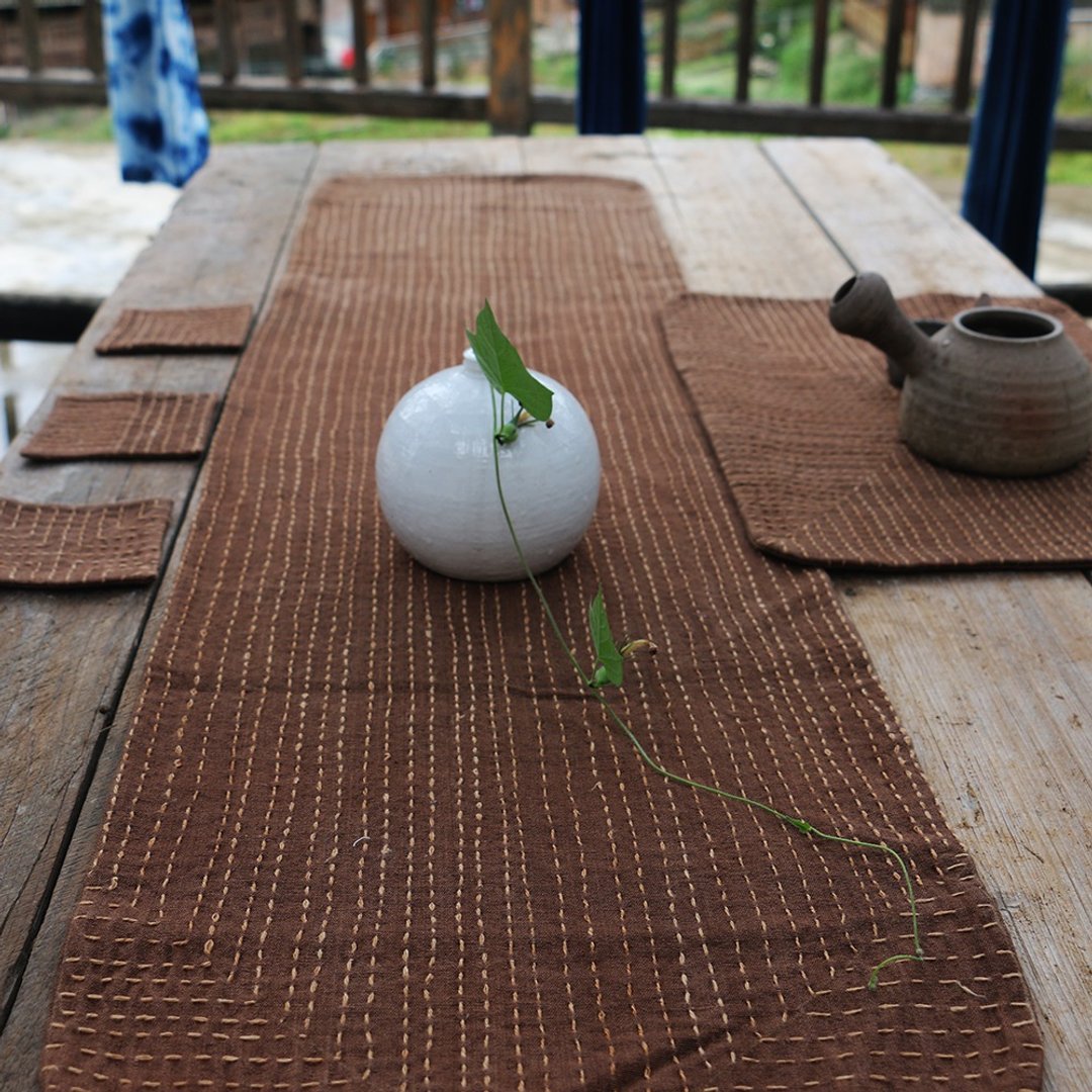 手工土布薯莨柿染茶席手绣刺子双面茶巾茶布茶旗棉布桌布定制棕色 - 餐垫/桌巾 - 棉．麻 