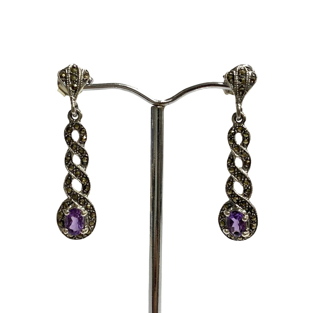 Art Deco Amethyst, Marcasite Spiral Set Pendant & Earrings 925 Sterling Silver - 耳环/耳夹 - 纯银 银色