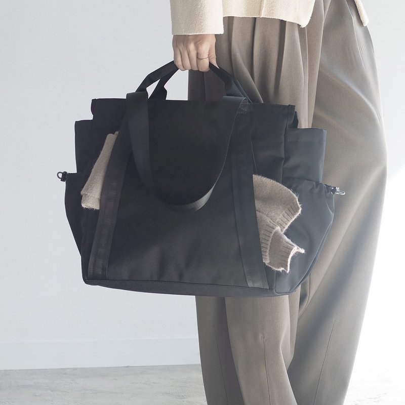 大号【黑色】10口袋托特包 防泼水再生尼龙 大容量 通勤休闲户外 - 侧背包/斜挎包 - 尼龙 黑色