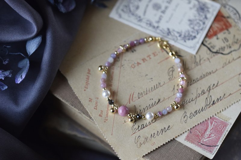 月满花香。蔷薇辉石 施华洛世奇珍珠 彩碧玺 粉锆石14kgp水晶手链 - 手链/手环 - 水晶 粉红色