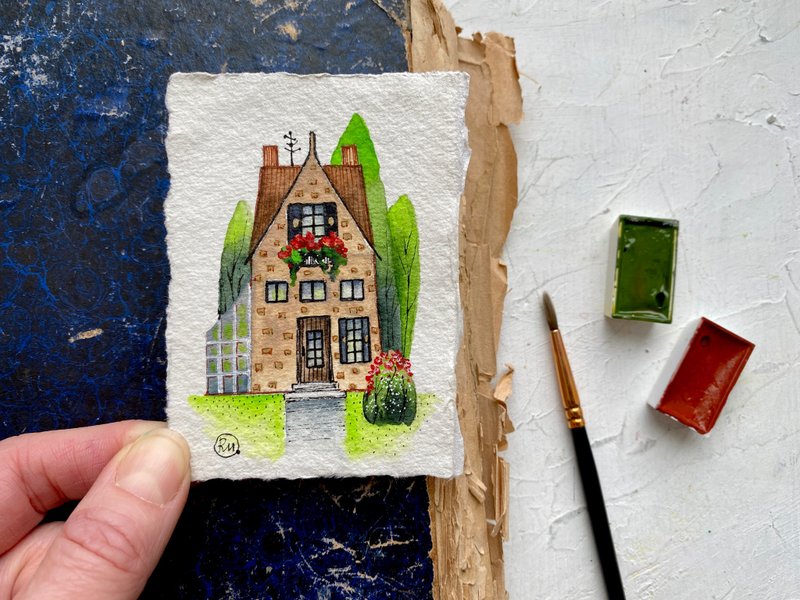 Cozy house art Original watercolor Miniature artwork on handmade paper ACEO - 海报/装饰画/版画 - 纸 多色