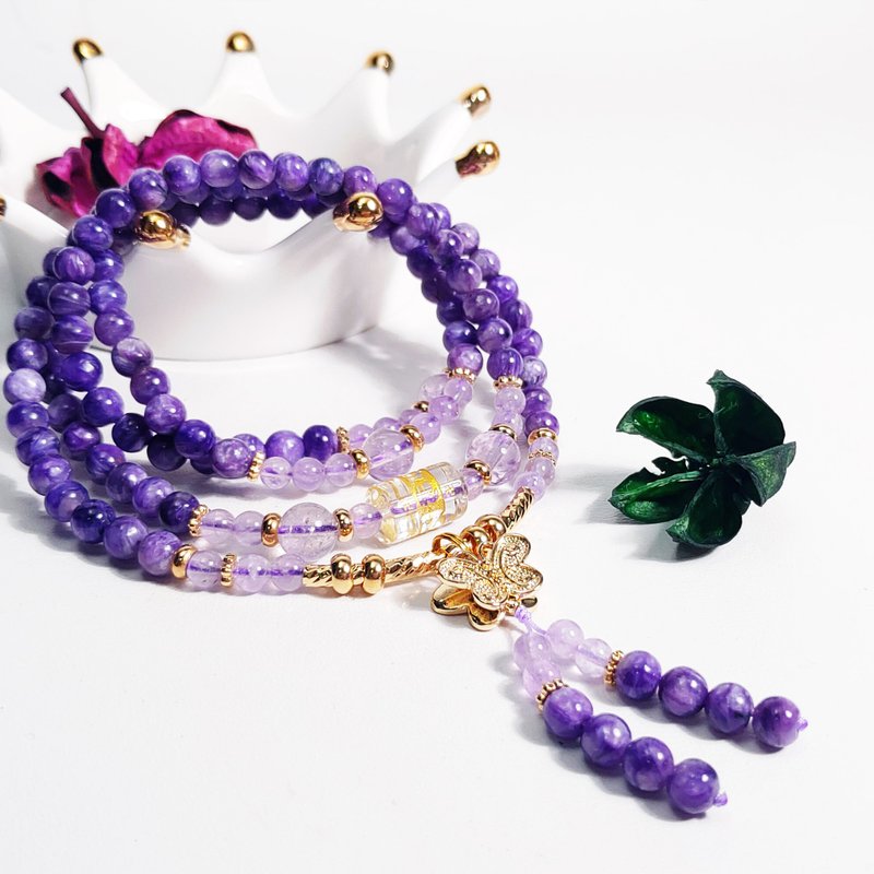 天然 顶级 紫龙晶 薰衣草紫晶 蝴气 108手串 念珠 5.5cm 母亲节 - 手链/手环 - 宝石 紫色