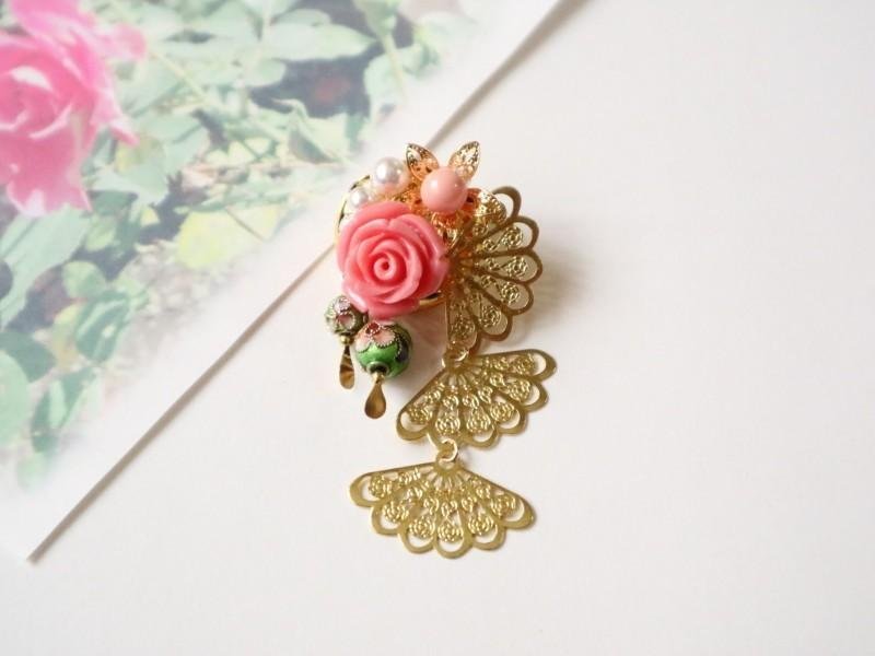 卓文君 景泰蓝粉红蔷薇扇形胸针 中华风发簪步摇 - 胸针 - 其他材质 粉红色