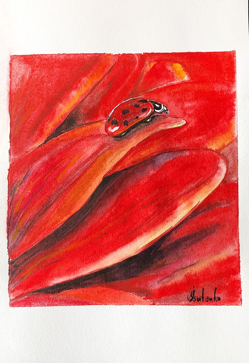 Ladybug Painting Floral Original Art Flower Watercolor Gerbera Artwork - 海报/装饰画/版画 - 纸 红色