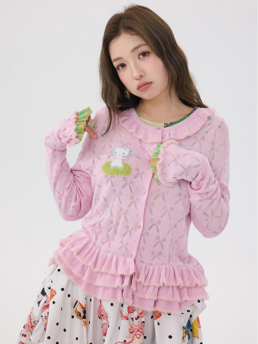 粉色花边蝴蝶结镂空针织开衫外套清新少女 - 女装上衣 - 其他材质 多色