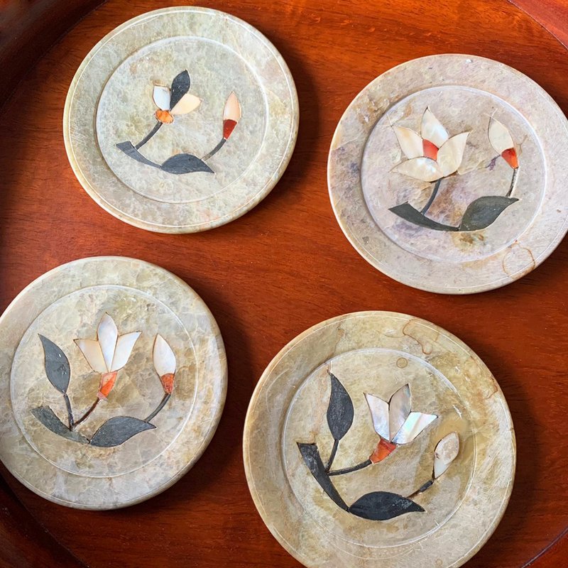 中国 早期东南亚大理岩嵌贝壳小碟/茶杯垫 │螺钿芙蓉 细腻韵味 - 汤勺/锅铲 - 其他材质 多色