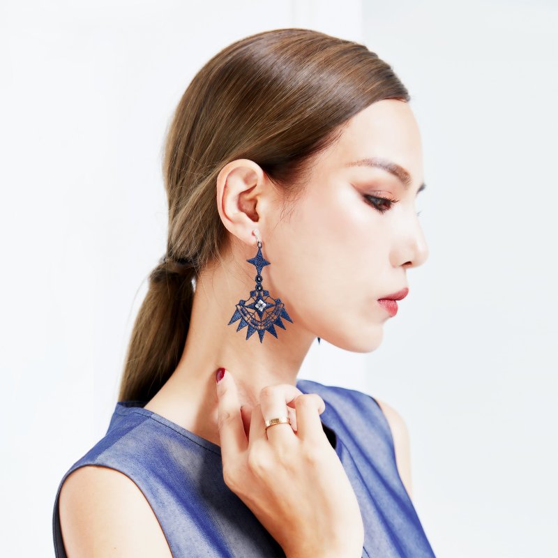 几何时间轴耳环  礼物 - 耳环/耳夹 - 绣线 蓝色