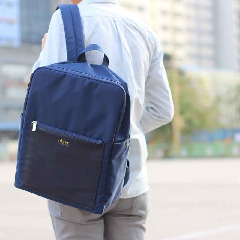 瑕疵福利品惜物特卖-军蓝色皮革防泼纹理水尼龙笔记型电脑后背包 - 后背包/双肩包 - 其他材质 蓝色