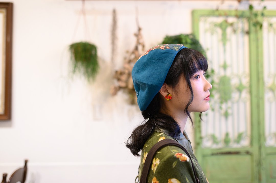 【莫内花园】手工印花贝蕾帽/贝雷帽/画家帽 - 帽子 - 棉 绿色