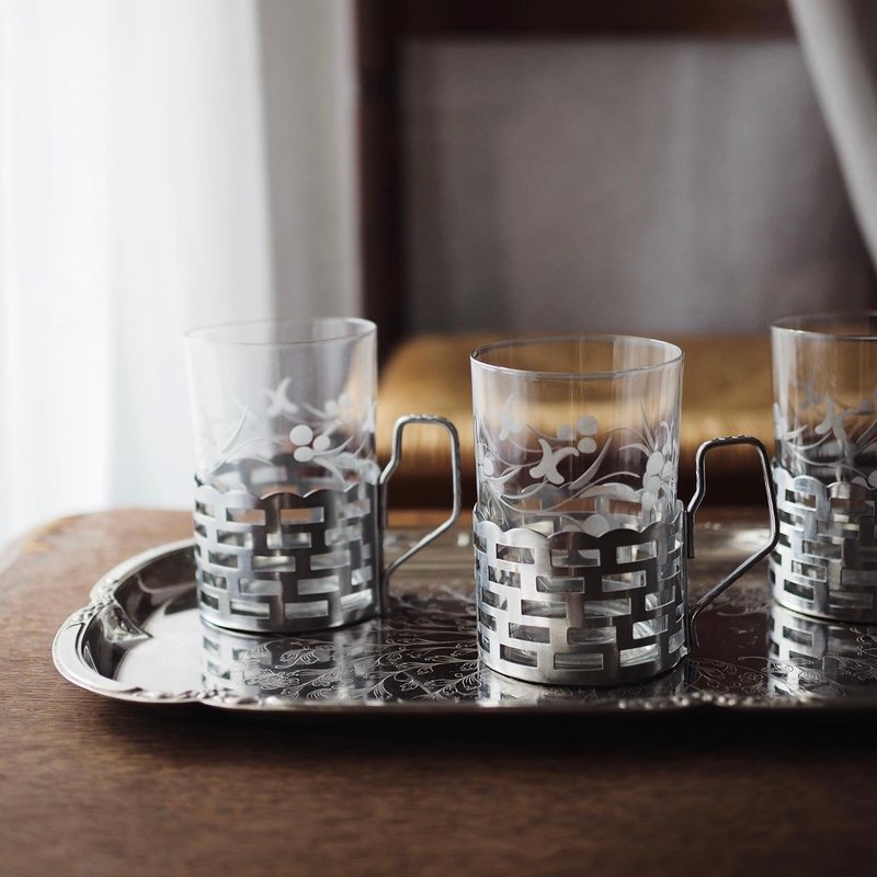 复古蚀刻玻璃杯 配 银色金属茶杯架 - 其他杯子 - 其他材质 银色
