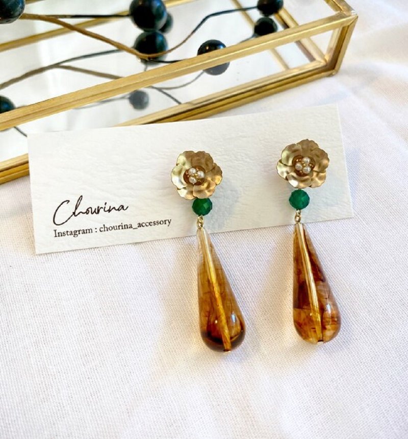 Green onyx and tortoiseshell Clip-On, earrings - 耳环/耳夹 - 宝石 绿色
