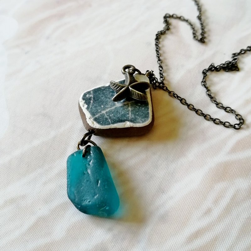 Starfish Sea glass pendant 綠松石海玻璃項鍊 Cute Present 陶與海玻璃的結合 Everyday Jewelry 女朋友禮物 - 项链 - 玻璃 绿色