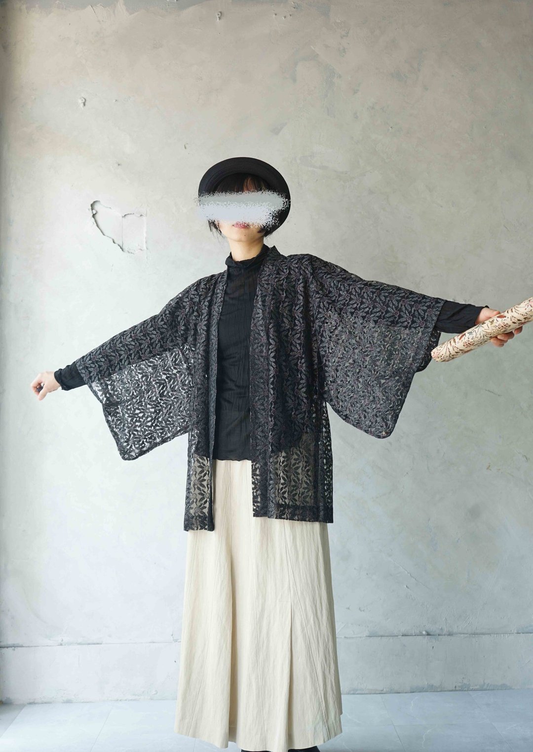 寻宝古着-暗黑蓝篓空蕾丝夏季罩衫和服羽织外套 - 女装休闲/机能外套 - 聚酯纤维 黑色