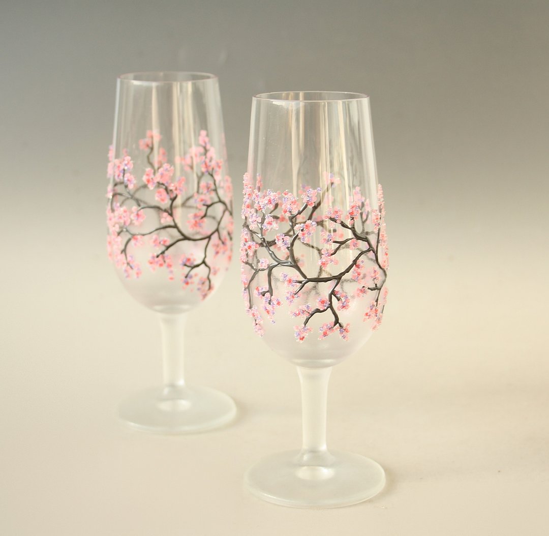Sakura Aperitif Wine Glasses Wedding Hand Painted Set of 2 - 酒杯/酒器 - 玻璃 粉红色