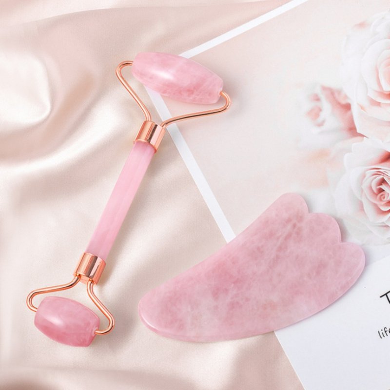 【小NG商品特卖】天然粉晶玉石紧致提拉滚轮羊角型刮痧板套组 - 脸部按摩/清洁工具 - 玉石 粉红色