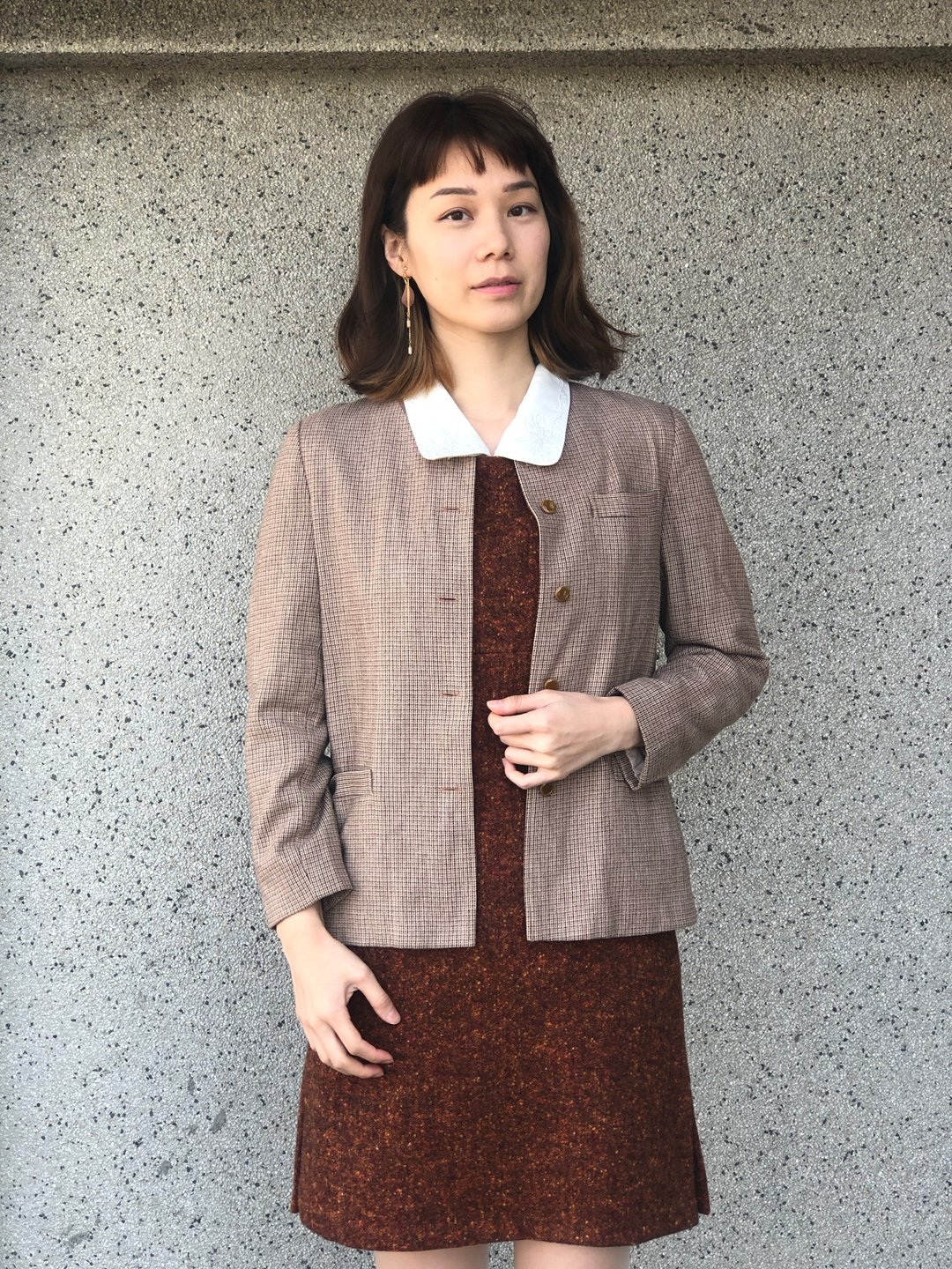 圆领细格纹外套 - 女装休闲/机能外套 - 其他材质 