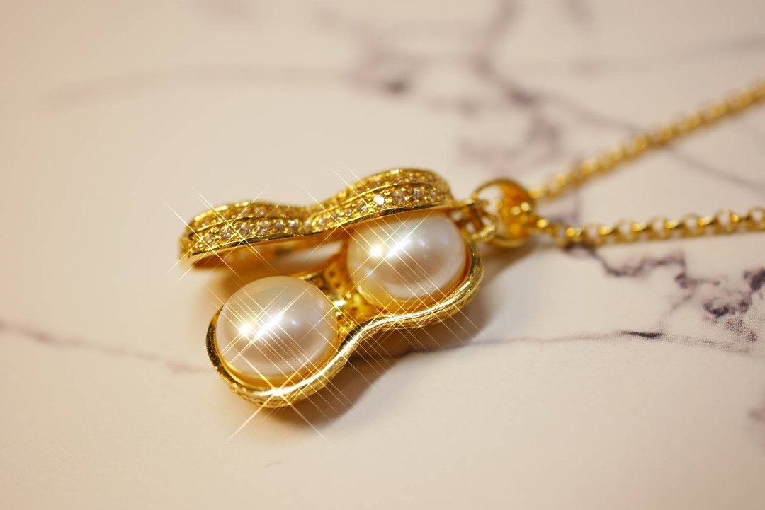 黄金坠子-黄金+珍珠坠子-花生造型-坠子 - 项链 - 24k 金 金色