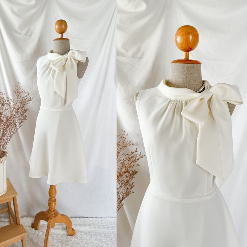 Belle dress- white wedding dress short white party dress turtle neck vintage - 洋装/连衣裙 - 聚酯纤维 白色