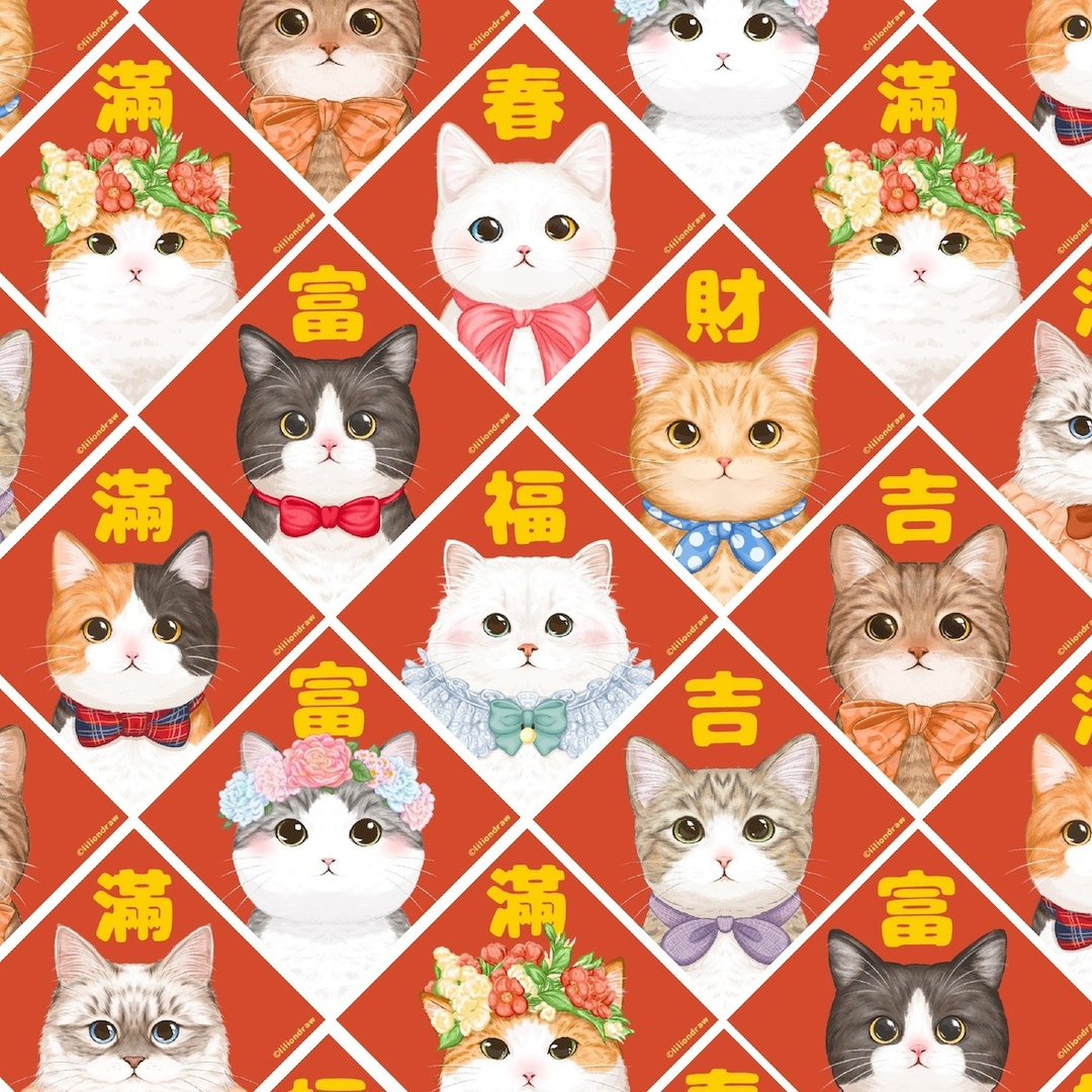 猫猫春联贴纸 猫咪 新年布置 装饰 虎斑猫 白猫 橘猫 奔驰猫 - 红包/春联 - 纸 红色