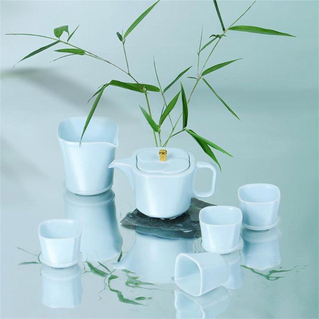 故宫宫廷文化 | 四合如意海棠汝釉茶具套装 家用茶具 新居礼物 - 茶具/茶杯 - 陶 蓝色