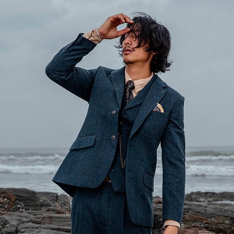 英伦复古羊毛呢西装外套男 冬季呢子猎装休闲修身小单西服 - 男装外套 - 羊毛 蓝色