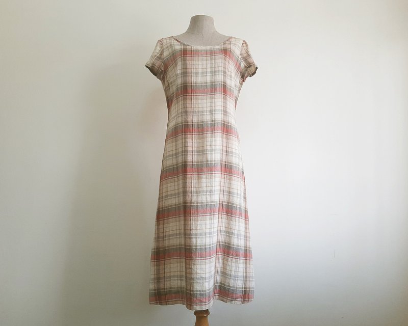 M号 复古棕红色格纹连身裙 女款 亚麻 中长裙 短袖连身裙 - 洋装/连衣裙 - 棉．麻 咖啡色