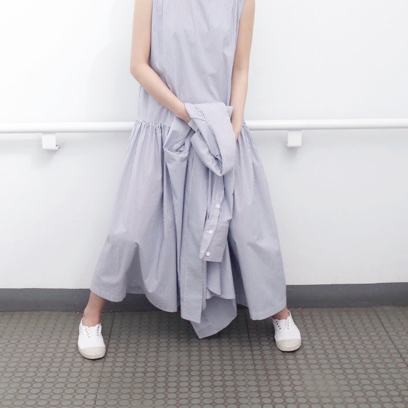 直条纹 水蓝长洋 - 洋装/连衣裙 - 棉．麻 蓝色