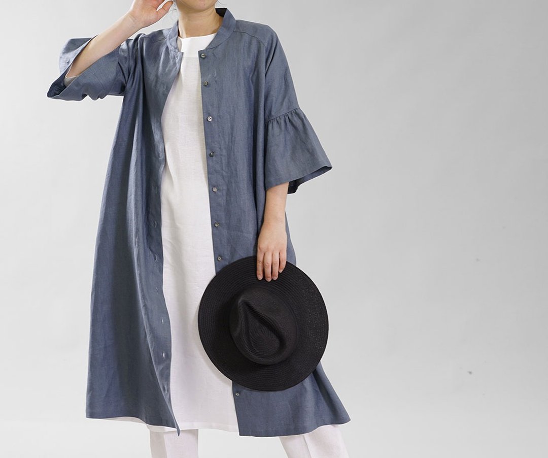 wafu  Linen dress / flare sleeve / midi length / grayblue a078b-ebn2 - 洋装/连衣裙 - 亚麻 蓝色
